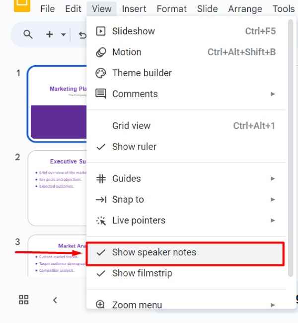 how do you see speaker notes when presenting on Google Slides