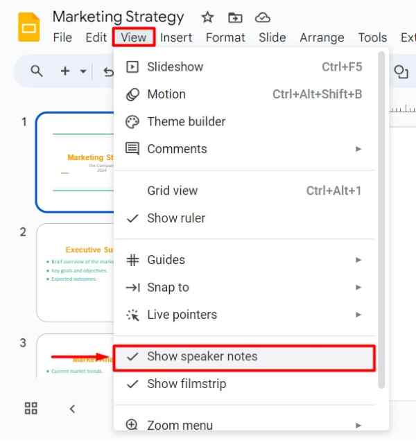 how does speaker notes work on Google Slides