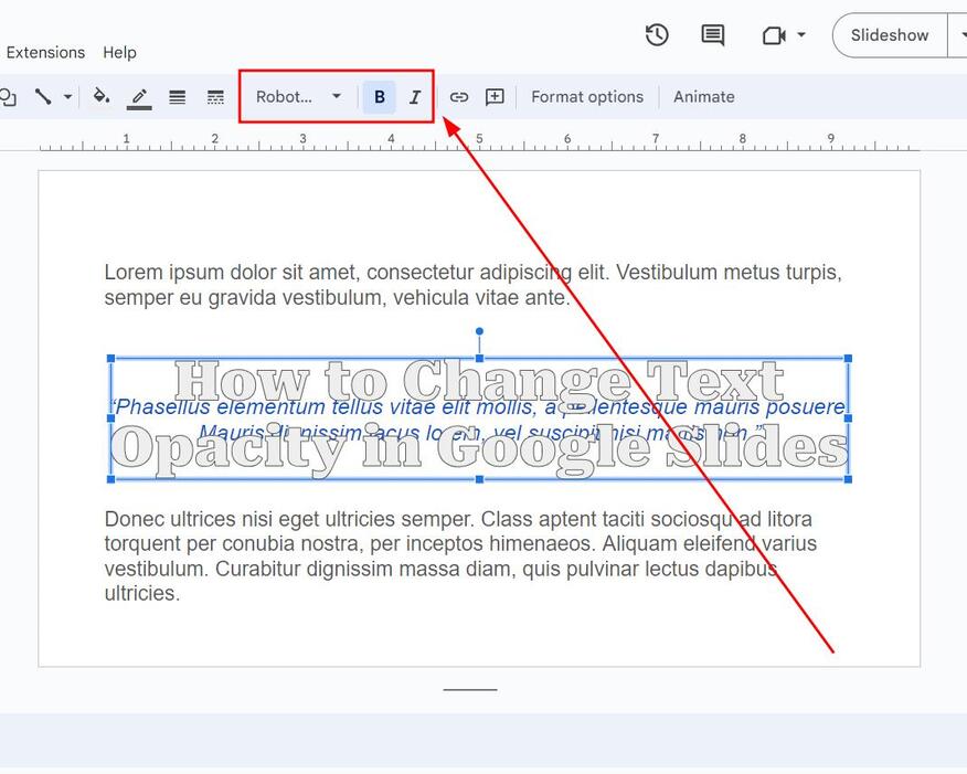 how to change opacity of text in google slides