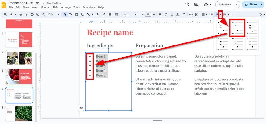 how to put bullet points on google slides