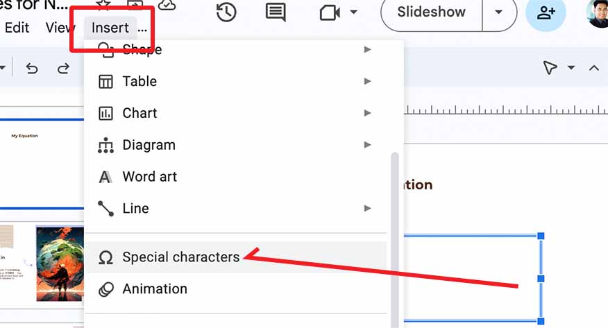 how to insert equation in google slides