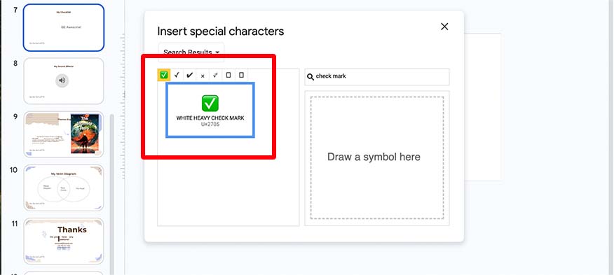 insert check mark in Google Slides