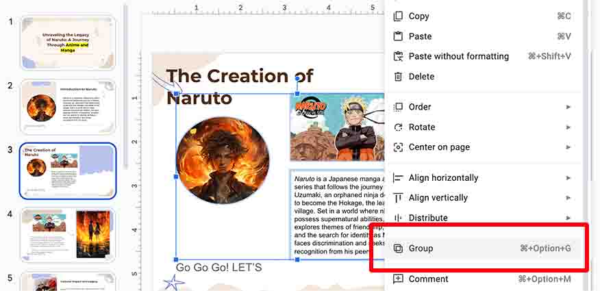 group objects in Google Slides