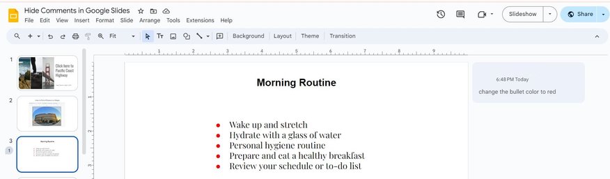 hiding comments Google Slides