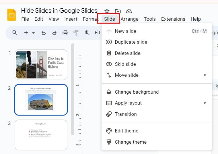 hide slide Google Slides