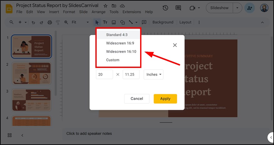 Google Slides change slide size