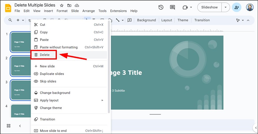 how do i delete multiple slides in Google Slides