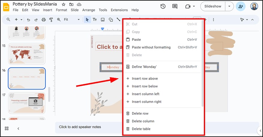 how to format a table in Google Slides