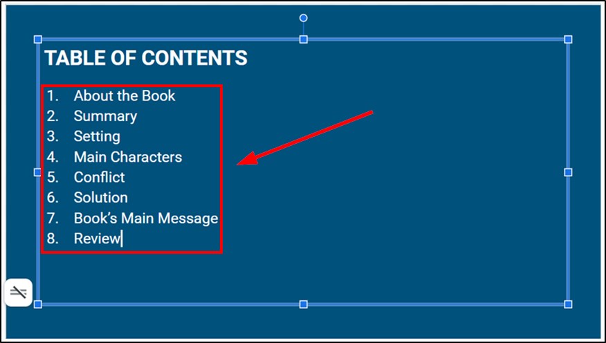 how to add table of contents in Google Slides