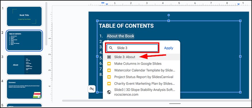 table of contents on Google Slides