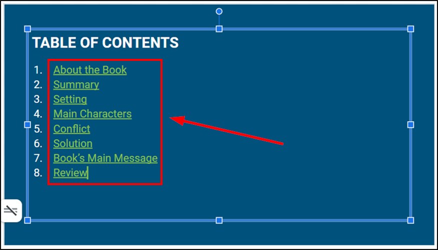 insert table of contents Google Slides