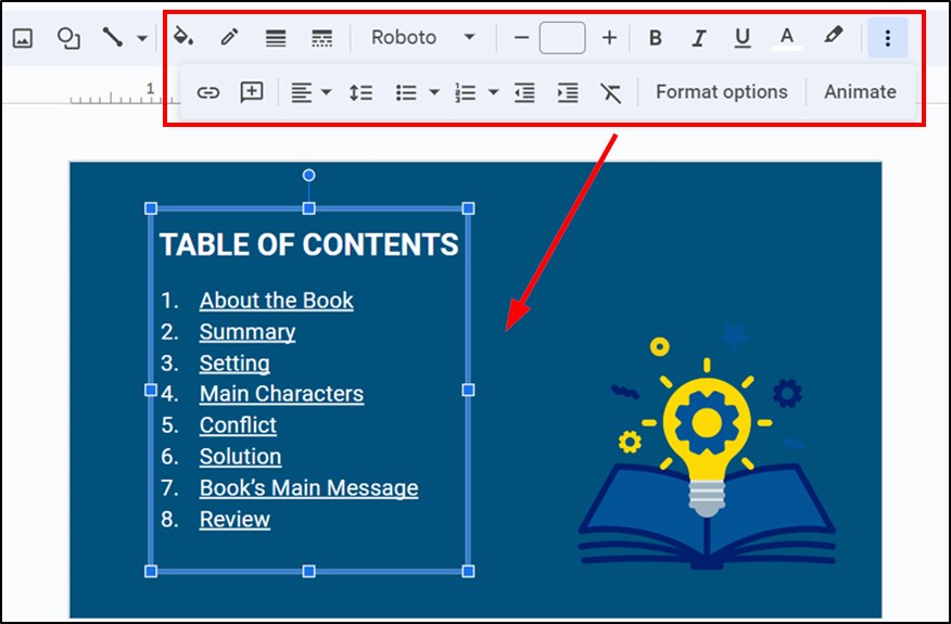 table of contents for Google Slides