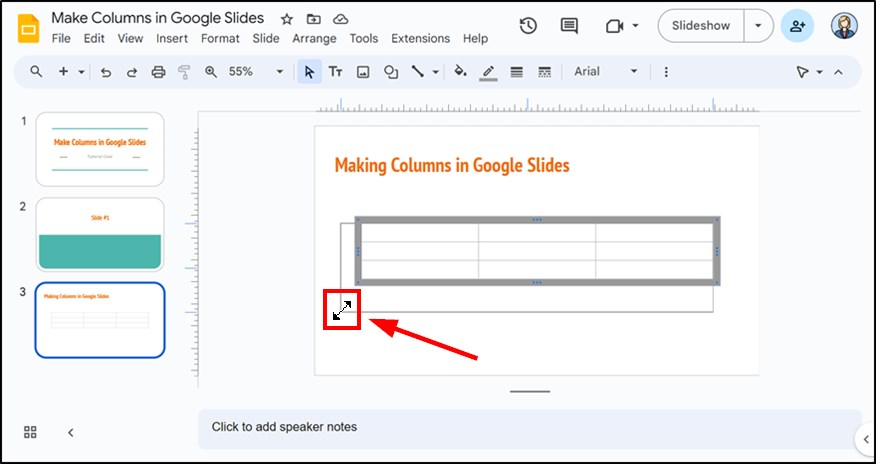 how to make columns on Google Slides