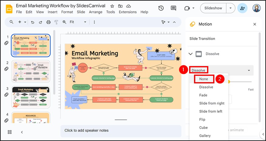 instructions for turning off transitions in google slides